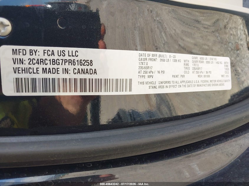 2023 Chrysler Pacifica VIN 2C4RC1BG7PR616258 IAAI salvage auction — HAIL, Enterprise Vehicles Clear Only (Florida), sold $9,200 on 2026-07-30 (photo 9)