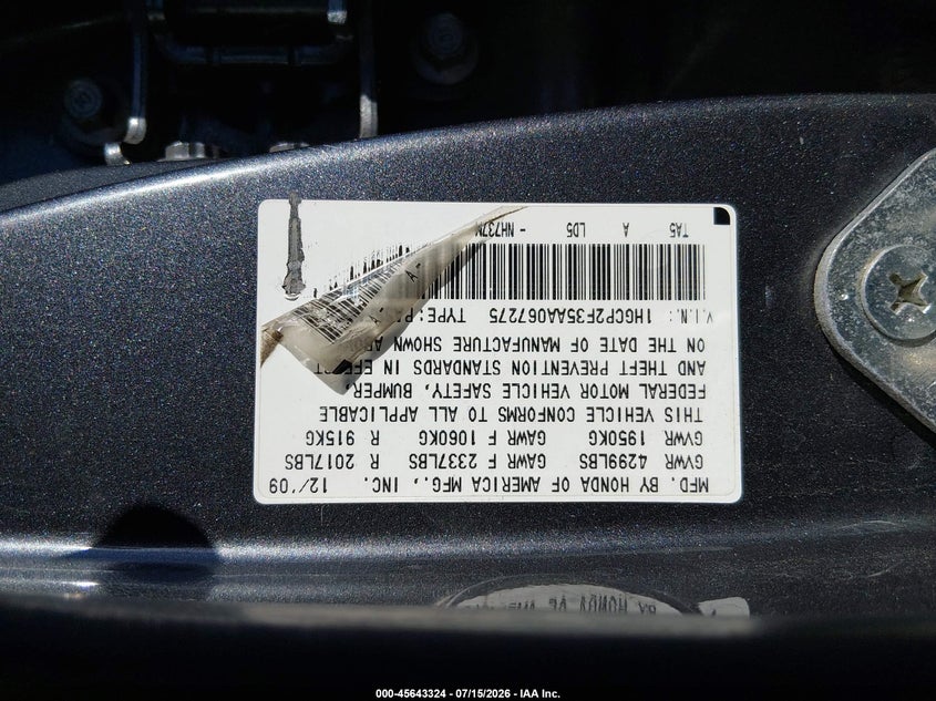 2010 Honda Accord VIN 1HGCP2F35AA067275 IAAI salvage auction — NORMAL WEAR, Salvage Title - Dealer (California), sold $1,250 on 2026-07-27 (photo 9)