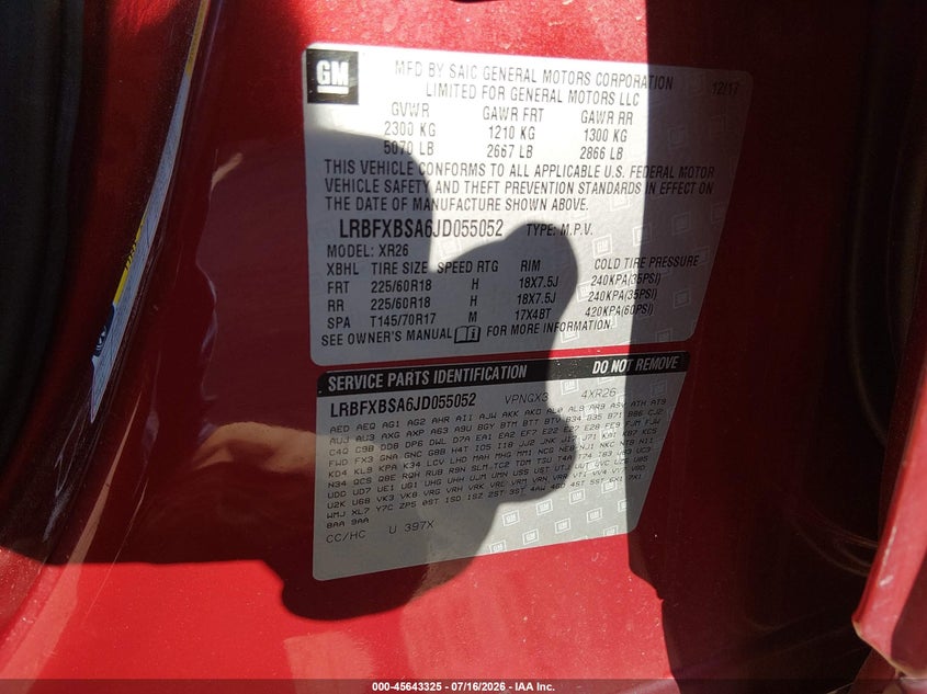 2018 Buick Envision VIN LRBFXBSA6JD055052 IAAI salvage auction — FRONT END, Salvage Title, sold $975 on 2026-09-22 (photo 9)