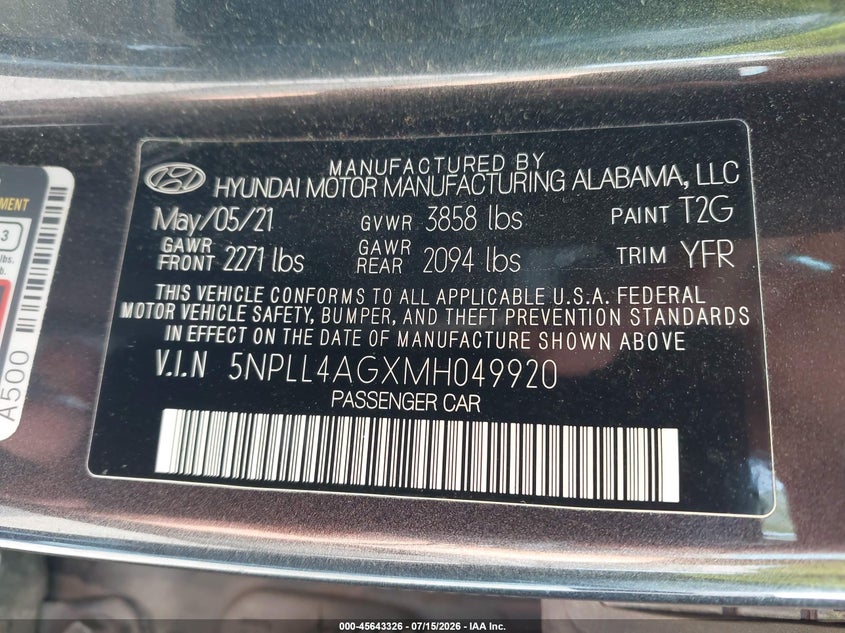 2021 Hyundai Elantra VIN 5NPLL4AGXMH049920 IAAI salvage auction — NORMAL WEAR, Sf97 (New York), sold $1,550 on 2026-07-23 (photo 9)