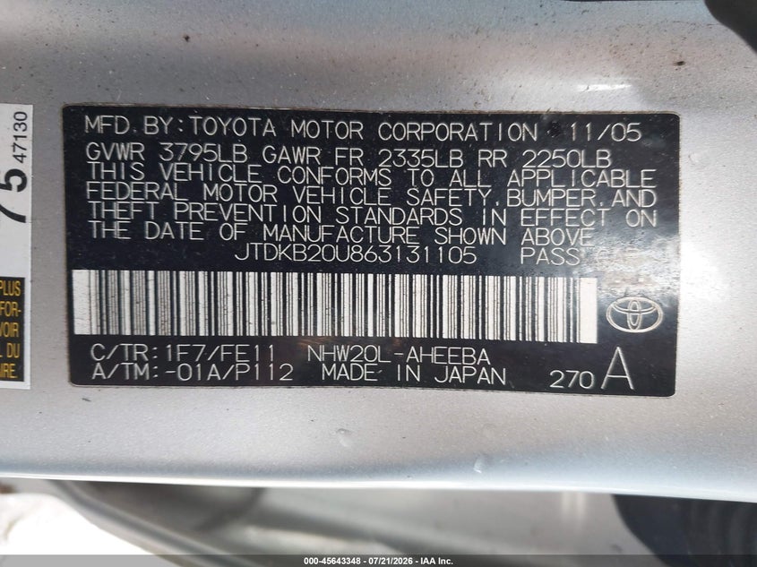 2006 Toyota Prius VIN JTDKB20U863131105 IAAI salvage auction — NORMAL WEAR, Clear (Pennsylvania), sold $25 on 2026-07-28 (photo 9)