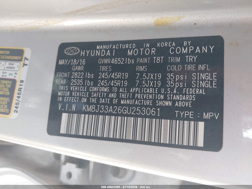 2016 Hyundai Tucson VIN KM8J33A26GU253061 IAAI salvage auction — NORMAL WEAR, Clear-Dealer Only (Arizona), sold $2,750 on 2026-07-30 (photo 9)