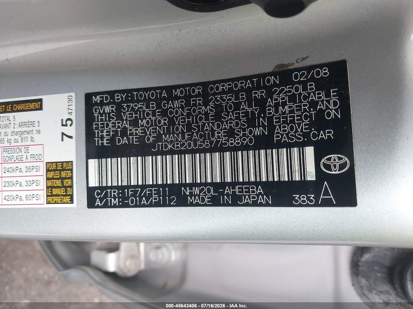 2008 Toyota Prius VIN JTDKB20U587758890 IAAI salvage auction — NORMAL WEAR, Clear (Florida), sold $25 on 2026-07-22 (photo 9)