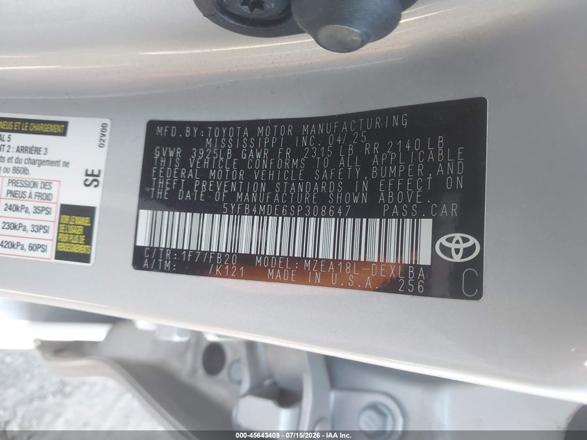 2025 Toyota Corolla VIN 5YFB4MDE6SP308647 IAAI salvage auction — NORMAL WEAR, Enterprise Vehicles Clear Only (Texas), sold $6,400 on 2026-07-18 (photo 9)