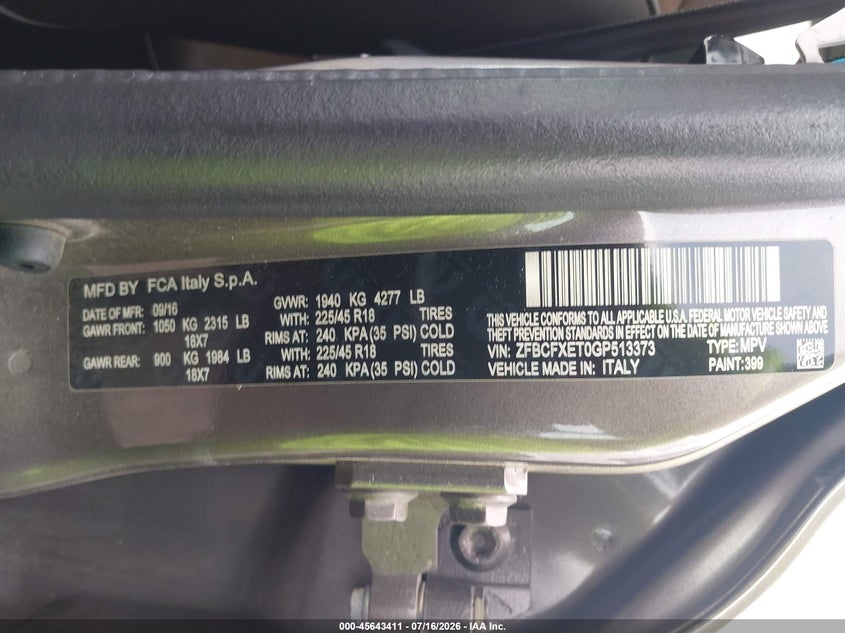 2016 Fiat 500x VIN ZFBCFXET0GP513373 IAAI salvage auction — NORMAL WEAR, Original (Texas), sold $300 on 2026-07-30 (photo 9)