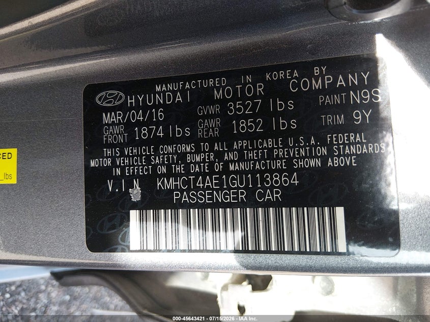 2016 Hyundai Accent VIN KMHCT4AE1GU113864 IAAI salvage auction — NORMAL WEAR, Clear (Georgia), sold $25 on 2026-07-21 (photo 9)