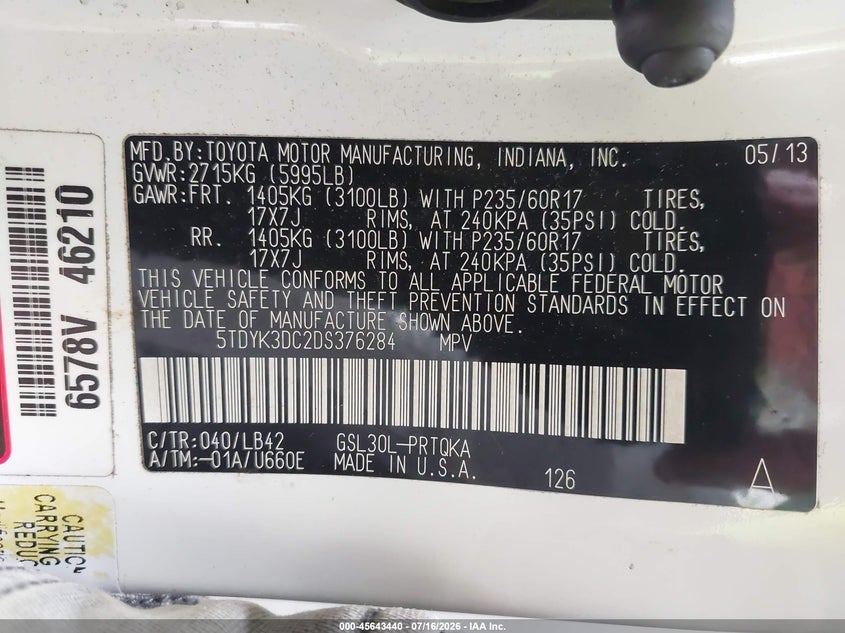 2013 Toyota Sienna VIN 5TDYK3DC2DS376284 IAAI salvage auction — FRONT END, Salvage (Ohio), sold $2,800 on 2026-07-29 (photo 9)