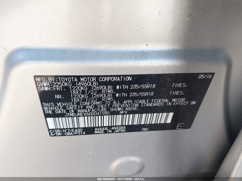 2016 Toyota Rav 4 VIN JTMDJREV6GD041985 IAAI salvage auction — REAR END, Rebuildable (Florida), sold $5,400 on 2026-07-28 (photo 9)