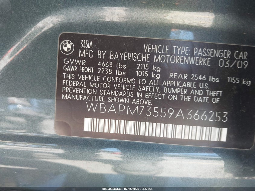 2009 BMW 3 series VIN WBAPM73559A366253 IAAI salvage auction — RIGHT FRONT, Salvage (California), sold $225 on 2026-07-29 (photo 9)