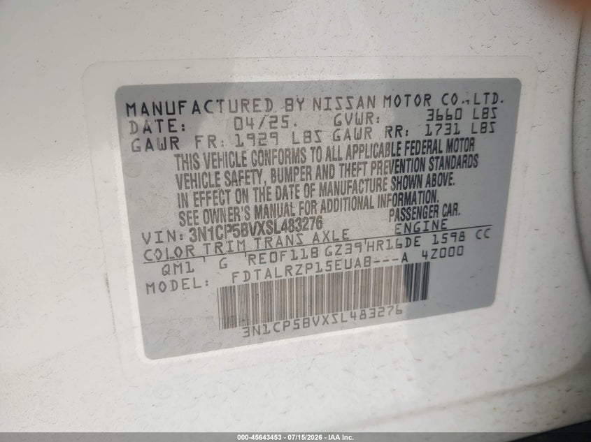 2025 Nissan Kicks VIN 3N1CP5BVXSL483276 IAAI salvage auction — HAIL, Clear Claim Paid (Wisconsin), sold $8,200 on 2026-08-16 (photo 9)