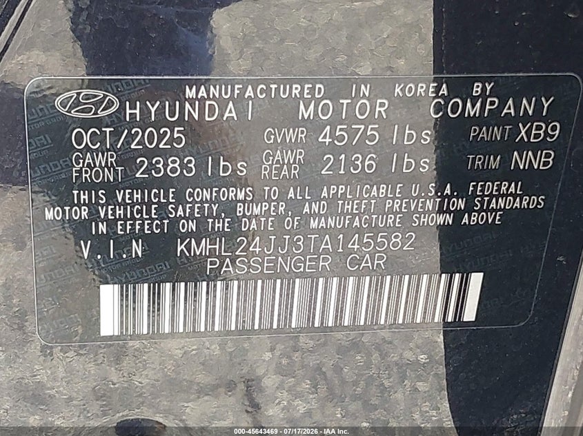 2026 Hyundai Sonata VIN KMHL24JJ3TA145582 IAAI salvage auction — NORMAL WEAR, Certificate Of Destruction (Florida), sold $2,150 on 2026-07-23 (photo 9)