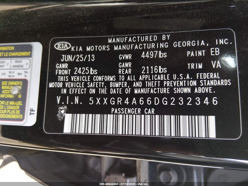 2013 Kia Optima VIN 5XXGR4A66DG232346 IAAI salvage auction — NORMAL WEAR, Clear-Dealer Only (Arizona), sold $25 on 2026-07-21 (photo 9)