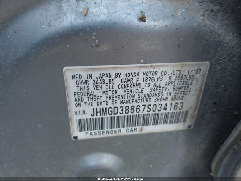 2007 Honda Fit VIN JHMGD38667S034163 IAAI salvage auction — NORMAL WEAR, Clear (Georgia), sold $175 on 2026-07-28 (photo 9)