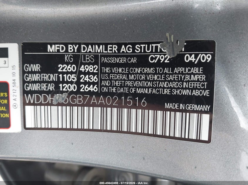 2010 Mercedes-benz E-class VIN WDDHF5GB7AA021516 IAAI salvage auction — RIGHT SIDE, Salvage (Georgia), sold $825 on 2026-08-20 (photo 9)