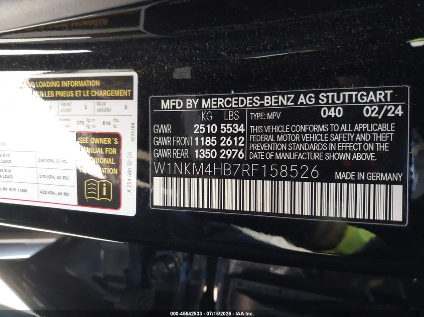 2024 Mercedes-benz Glc VIN W1NKM4HB7RF158526 IAAI salvage auction — FRONT END, Wait Title, sold $14,600 on 2026-09-16 (photo 9)