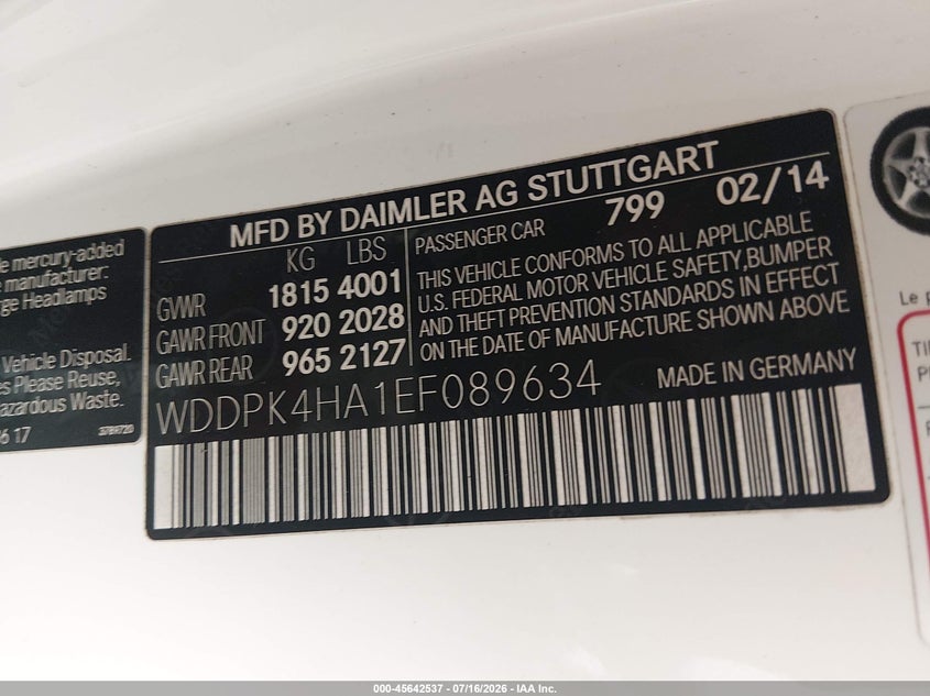 2014 Mercedes-benz Slk-klasse VIN WDDPK4HA1EF089634 IAAI salvage auction — HAIL, Salvage (Ohio), sold $7,200 on 2026-07-31 (photo 9)