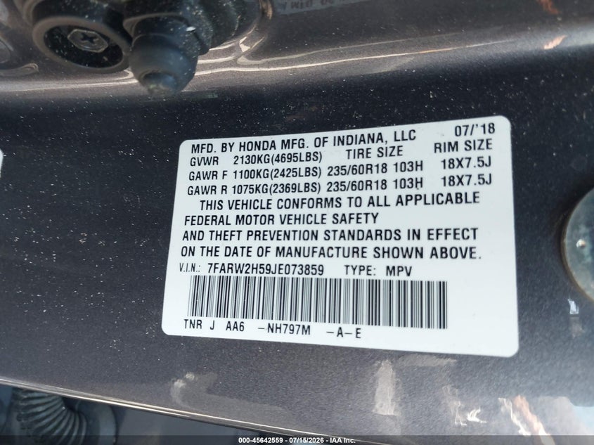 2018 Honda Cr-v VIN 7FARW2H59JE073859 IAAI salvage auction — ALL OVER, Salvage (Pennsylvania), sold $25 on 2026-07-31 (photo 9)