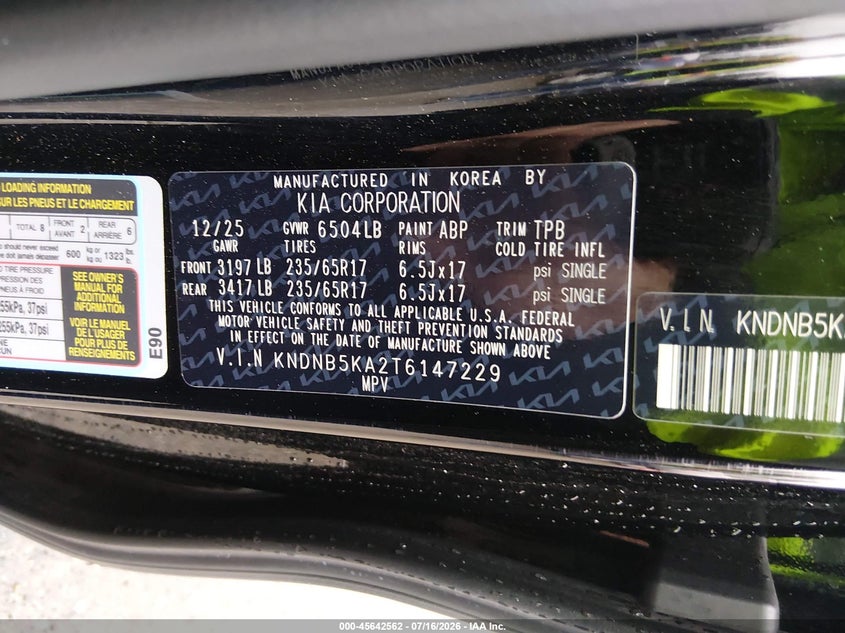 2026 Kia Carnival VIN KNDNB5KA2T6147229 IAAI salvage auction — LEFT FRONT, Enterprise Vehicles Clear Only (New York), sold $19,100 on 2026-07-22 (photo 9)