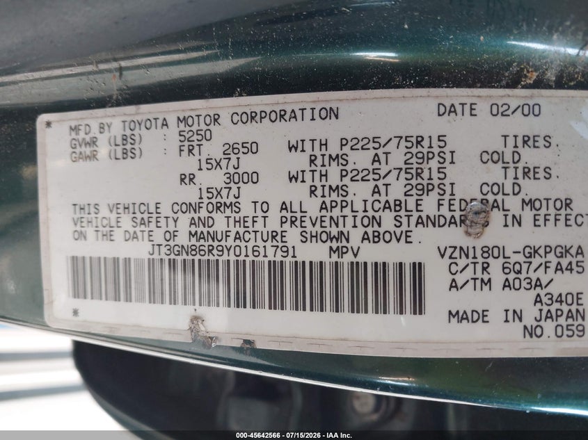 2000 Toyota 4runner VIN JT3GN86R9Y0161791 IAAI salvage auction — NORMAL WEAR, Clear (Georgia), sold $825 on 2026-07-23 (photo 9)