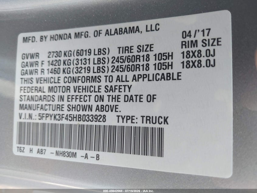 2017 Honda Ridgeline VIN 5FPYK3F45HB033928 IAAI salvage auction — NORMAL WEAR, Clear-Dealer Only (Arizona), sold $9,450 on 2026-07-23 (photo 9)