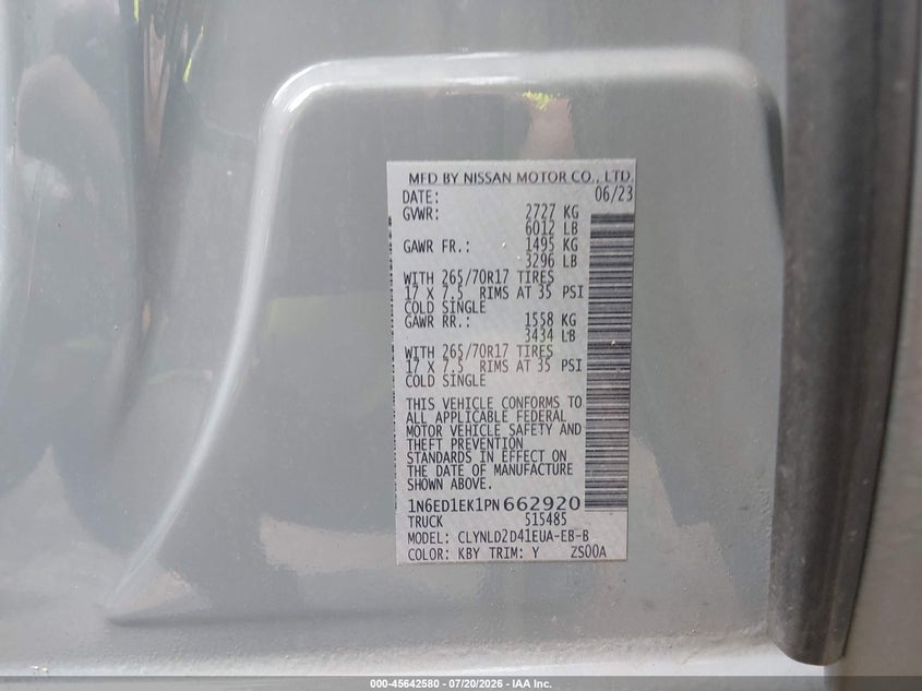 2023 Nissan Navara (frontier) VIN 1N6ED1EK1PN662920 IAAI salvage auction — UNKNOWN, Salvage (Virginia), sold $9,400 on 2026-07-28 (photo 9)