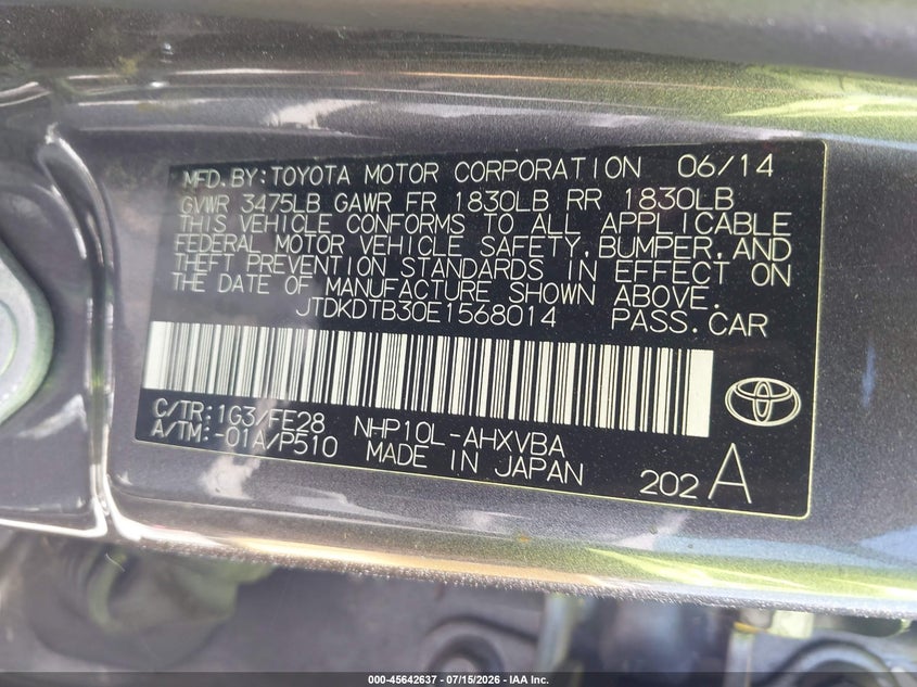2014 Toyota Prius c VIN JTDKDTB30E1568014 IAAI salvage auction — NORMAL WEAR, Clear - Dealer Only (California), sold $625 on 2026-07-30 (photo 9)