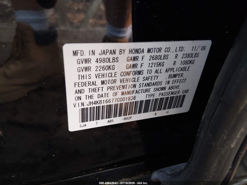 2007 Acura Rl VIN JH4KB16677C001836 IAAI salvage auction — SIDE, Clear (Virginia), sold $25 on 2026-07-23 (photo 9)