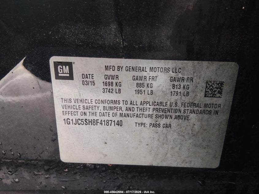 2015 Chevrolet SONIC VIN 1G1JC5SH8F4187140 IAAI salvage auction — NORMAL WEAR, Clear (South Carolina), sold $300 on 2026-08-22 (photo 9)