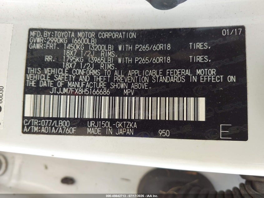 2017 Lexus Gx VIN JTJJM7FX8H5166686 IAAI salvage auction — WATER/FLOOD, Salvage Title, sold $9,400 on 2026-08-26 (photo 9)
