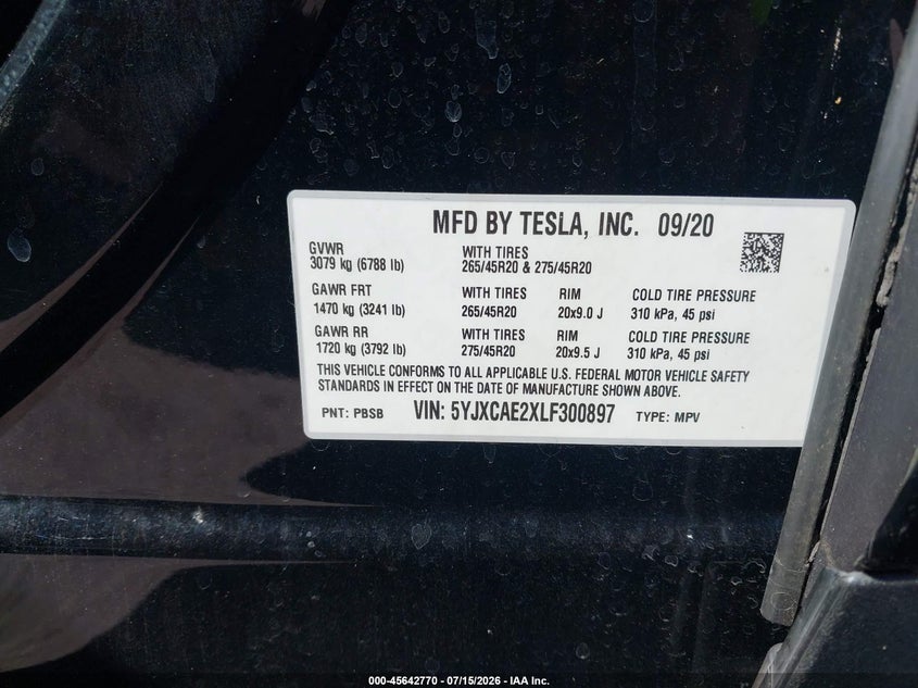 2020 Tesla Model x VIN 5YJXCAE2XLF300897 IAAI salvage auction — RIGHT FRONT, Salvage Rebuilt (North Carolina), sold $8,600 on 2026-07-23 (photo 9)