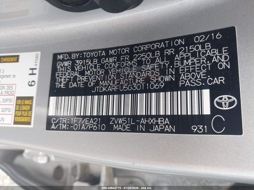 2016 Toyota Prius VIN JTDKARFU5G3011069 IAAI salvage auction — FRONT END, Wait Title, sold $2,900 on 2026-08-25 (photo 9)