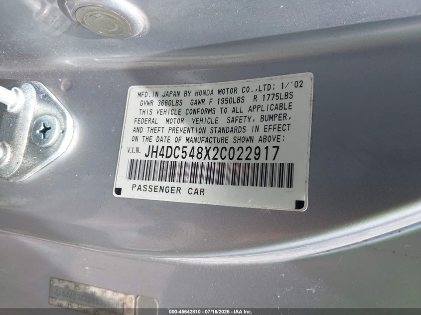 2002 Acura Rsx VIN JH4DC548X2C022917 IAAI salvage auction — NORMAL WEAR, Clear (Louisiana), sold $500 on 2026-07-27 (photo 9)