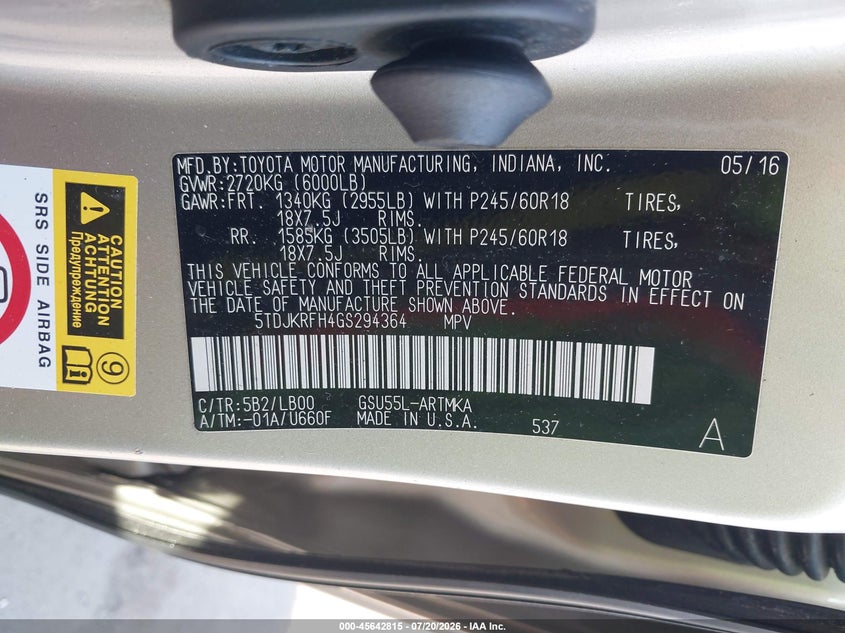 2016 Toyota Highlander VIN 5TDJKRFH4GS294364 IAAI salvage auction — REAR END, Salvage (Connecticut), sold $5,400 on 2026-07-30 (photo 9)