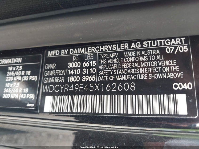 2005 Mercedes-benz G-class VIN WDCYR49E45X162608 IAAI salvage auction — FRONT END, Salvage (South Carolina), sold $15,750 on 2026-08-12 (photo 9)