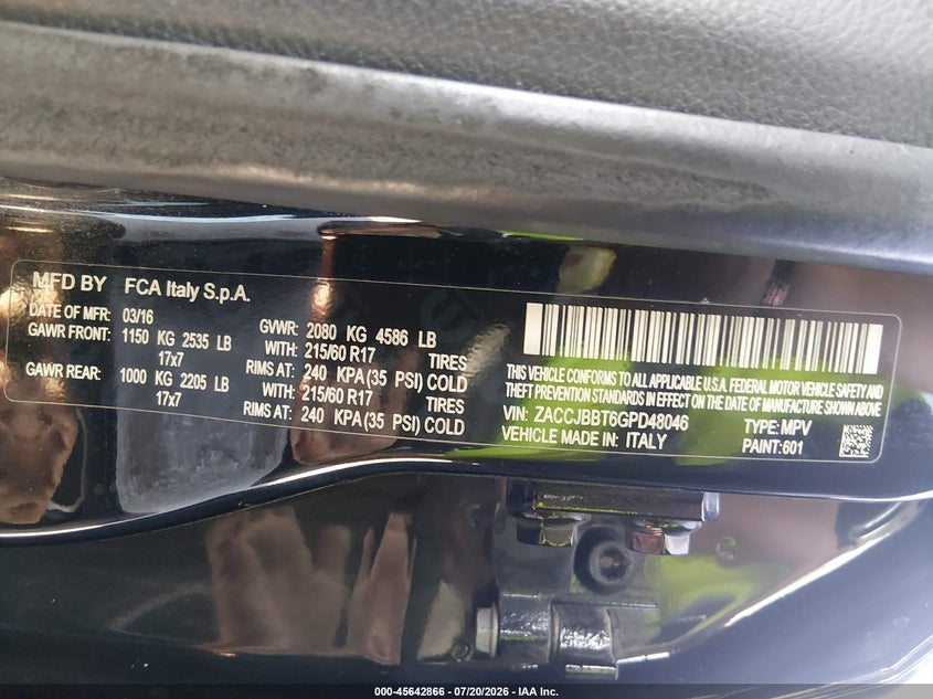 2016 Jeep Renegade VIN ZACCJBBT6GPD48046 IAAI salvage auction — NORMAL WEAR, Clear (Colorado), sold $1,100 on 2026-08-12 (photo 9)