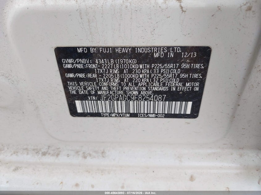 2014 Subaru Xv VIN JF2GPAGC9E8254087 IAAI salvage auction — UNKNOWN, Clear (Illinois), sold $475 on 2026-07-29 (photo 9)