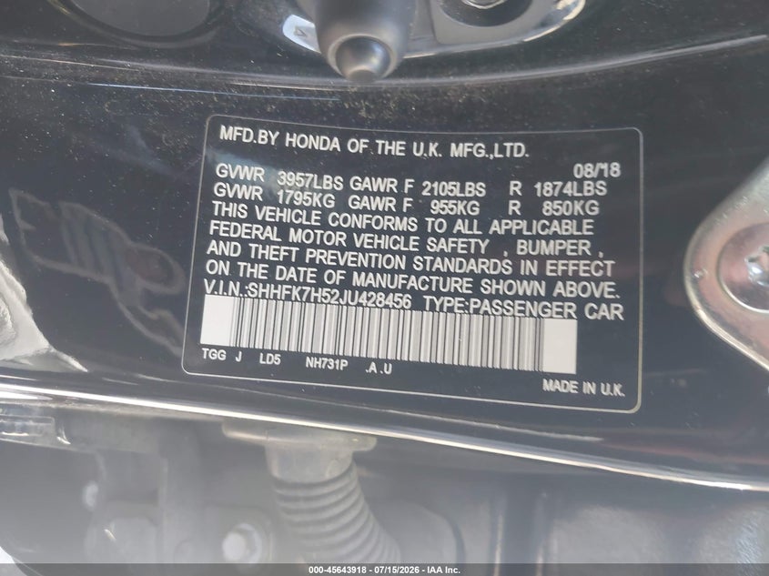2018 Honda Civic VIN SHHFK7H52JU428456 IAAI salvage auction — FRONT END, Salvage (California), sold $1,550 on 2026-07-28 (photo 9)