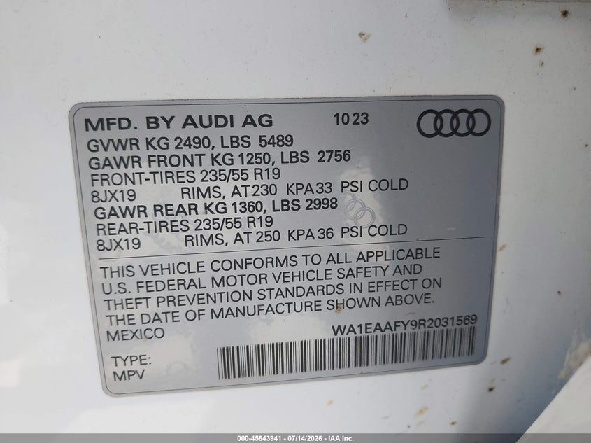2024 Audi Q5 VIN WA1EAAFY9R2031569 IAAI salvage auction — NORMAL WEAR, Salvage Title, sold $11,475 on 2026-07-28 (photo 9)