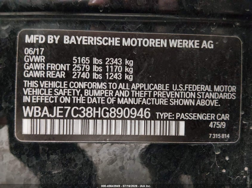 2017 BMW 5er VIN WBAJE7C38HG890946 IAAI salvage auction — LEFT SIDE, Bill Of Sale (Alaska), sold $14,200 on 2026-07-31 (photo 9)