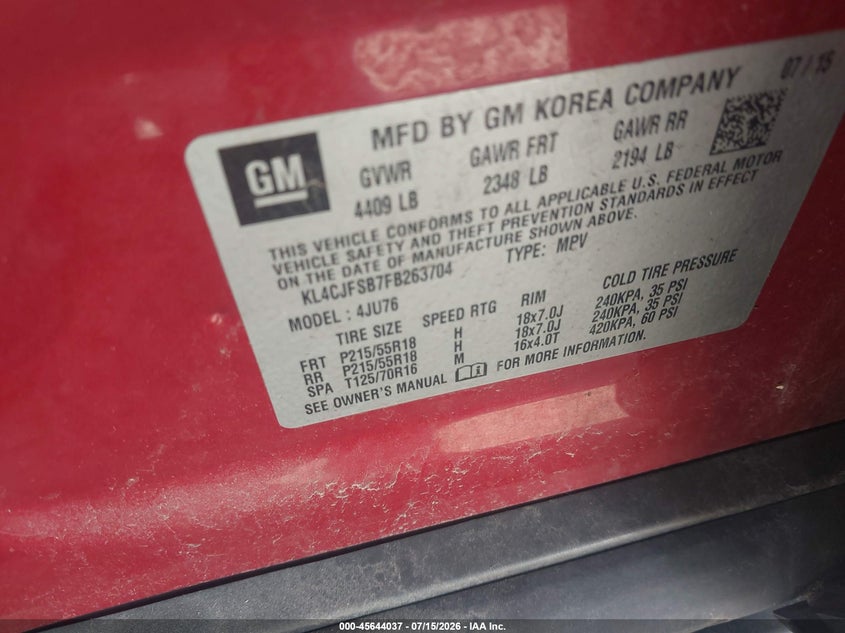 2015 Buick Encore VIN KL4CJFSB7FB263704 IAAI salvage auction — NORMAL WEAR, Clear-Endorsement (Wisconsin), sold $25 on 2026-07-21 (photo 9)
