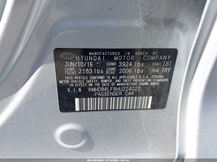 2017 Hyundai Elantra VIN KMHD84LF8HU224022 IAAI salvage auction — NORMAL WEAR, Clear - Dealer Only (California), sold $825 on 2026-07-23 (photo 9)