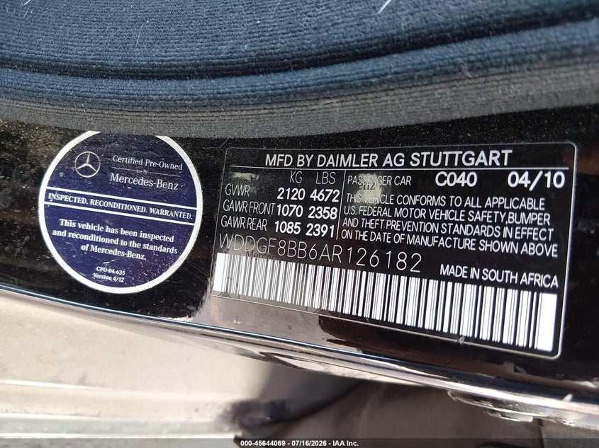 2010 Mercedes-benz C class VIN WDDGF8BB6AR126182 IAAI salvage auction — NORMAL WEAR, Clear (Colorado), sold $25 on 2026-07-28 (photo 9)