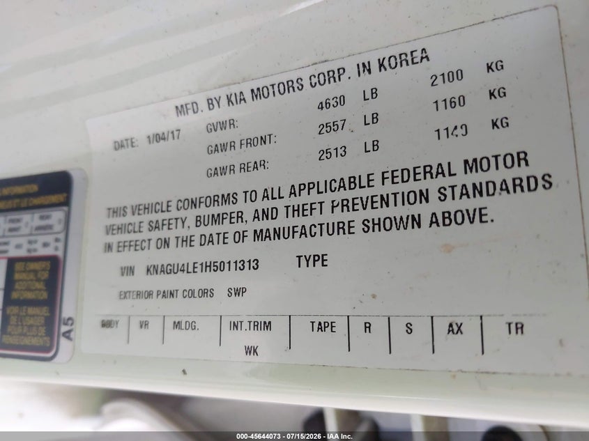 2017 Kia Optima VIN KNAGU4LE1H5011313 IAAI salvage auction — NORMAL WEAR, Clear (Georgia), sold $975 on 2026-07-29 (photo 9)