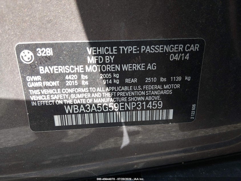 2014 BMW 3er VIN WBA3A5G59ENP31459 IAAI salvage auction — UNKNOWN, Salvage - Greater Than 75% (Maryland), sold $3,450 on 2026-08-03 (photo 9)