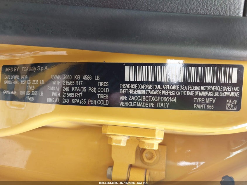 2016 Jeep Renegade VIN ZACCJBCTXGPD66144 IAAI salvage auction — FRONT END, Salvage Title, sold $1,600 on 2026-08-19 (photo 9)