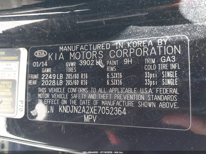 2014 Kia Soul VIN KNDJN2A2XE7052364 IAAI salvage auction — RIGHT FRONT, Salvage (California), sold $25 on 2026-07-23 (photo 9)