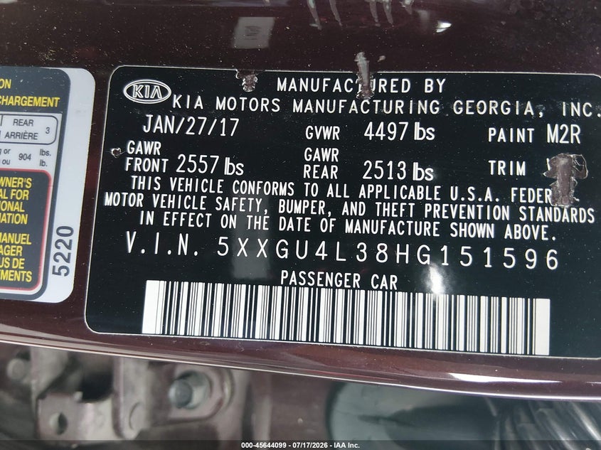 2017 Kia Optima VIN 5XXGU4L38HG151596 IAAI salvage auction — NORMAL WEAR, Regular (Nevada), sold $1,350 on 2026-07-24 (photo 9)