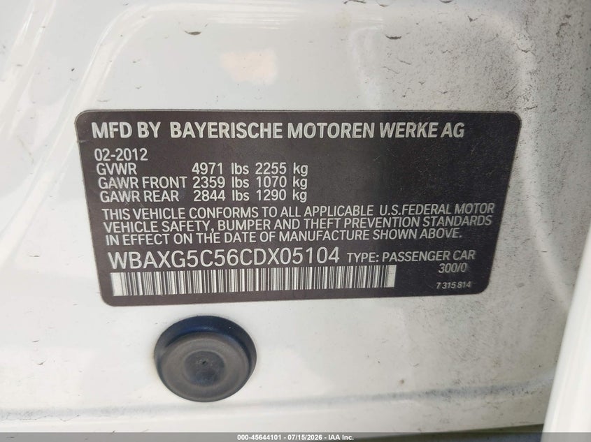 2012 BMW 5 series VIN WBAXG5C56CDX05104 IAAI salvage auction — NORMAL WEAR, Clear - Dealer Only (California), sold $1,325 on 2026-07-29 (photo 9)