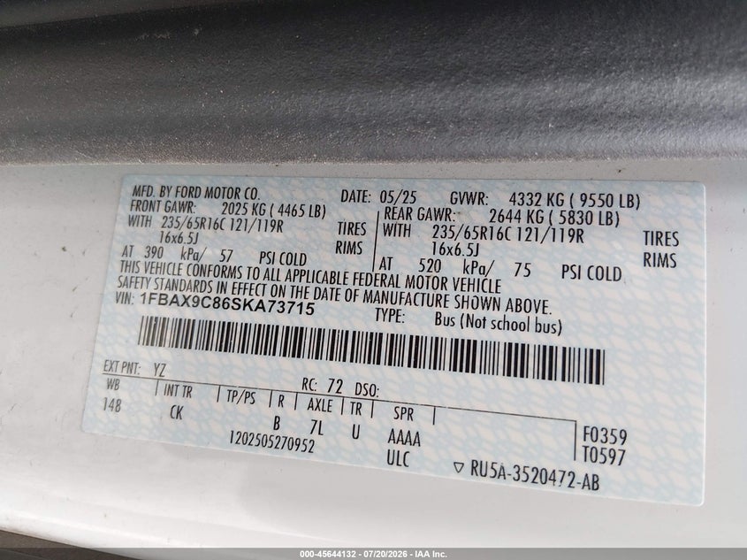 2025 Ford Transit-350 VIN 1FBAX9C86SKA73715 IAAI salvage auction — NORMAL WEAR, Enterprise Vehicles Clear Only (Oregon), sold $25 on 2026-07-29 (photo 9)