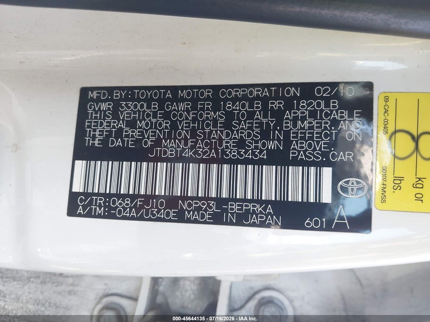 2010 Toyota Yaris VIN JTDBT4K32A1383434 IAAI salvage auction — NORMAL WEAR, Clear - Dealer Only (California), sold $1,250 on 2026-07-30 (photo 9)